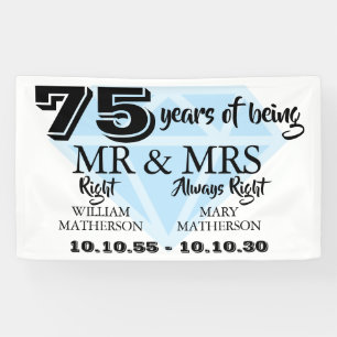 Mr. Mrs. Right Fun Diamond 75e bruiloft Jubileum Spandoek