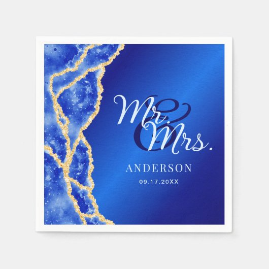 Mr & Mrs Royal Blue en Gold Agate Elegant Wedding Servet (Voorkant)