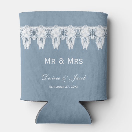 Mr & Mrs Rustic Dusty Blue White Koe Skull Wedding Blikjeskoeler (Achterkant)