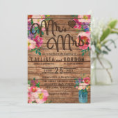 Mr Mrs Rustic Pink Floral Wood Mason Jar Wedding Kaart (Staand voorkant)