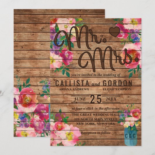 Mr Mrs Rustic Pink Floral Wood Mason Jar Wedding Kaart (Voorkant / Achterkant)