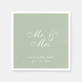 Mr. & Mrs Sage Wedding White Elegant Script Green Servet