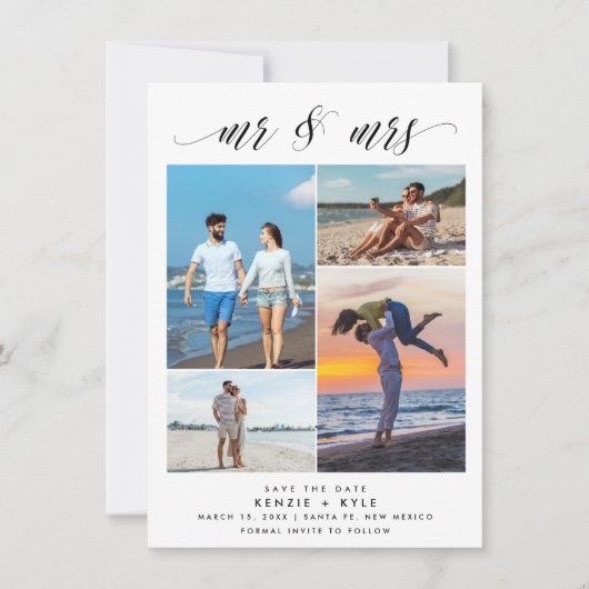 Mr Mrs Script Four Photo Wedding Save the Date (Voorkant)