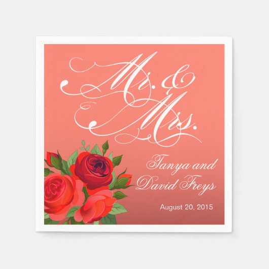 Mr & Mrs Script Typografie Rozen Bloemenkoraal Servet (Voorkant)