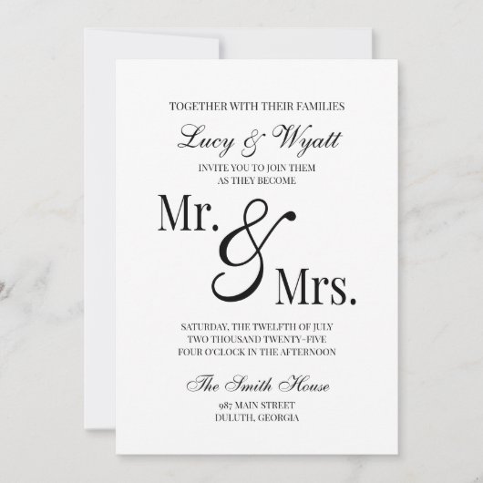 Mr & Mrs Scripty Black & White huwelijksuitnodigin Kaart (Voorkant)