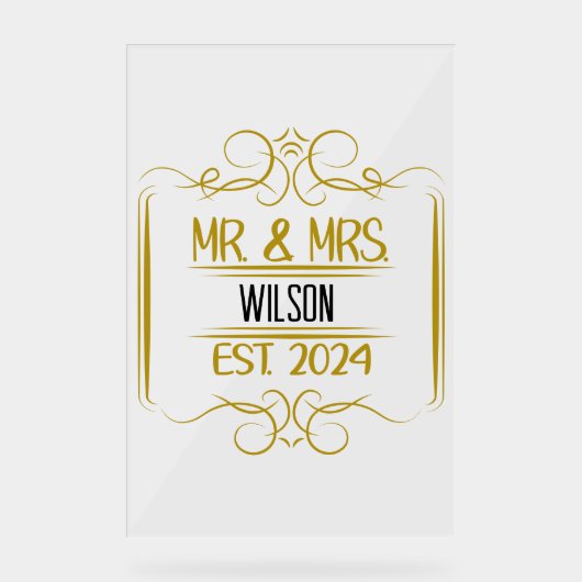 Mr & Mrs Scroll Naam toevoegen Gold Acryl Teken Acryl Bord (Voorkant)