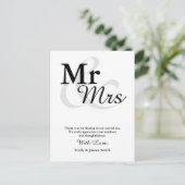Mr&Mrs Simple Elegant Typography Wedding Dank u Briefkaart (Staand voorkant)