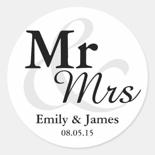 Mr&Mrs Simple Elegant Typography Wedding Favor Ronde Sticker (Voorkant)