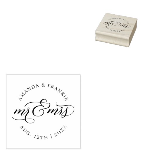 Mr & Mrs | Stijlvol script Trouwnamen & Datum Rubberstempel (Gestempeld)