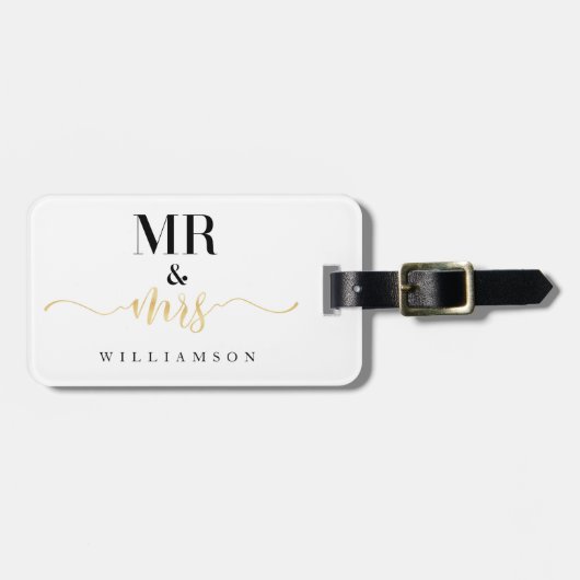 Mr & Mrs. | Stijlvolle witte en gouden streep Pass Bagagelabel (Voorkant horizontaal)
