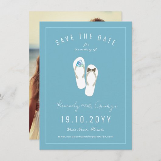 Mr & Mrs Teenslippers Daisies Beach Wedding Photo Save The Date (Voorkant / Achterkant)