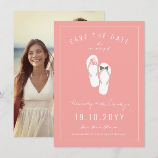 Mr & Mrs Teenslippers Daisies Beach Wedding Photo Save The Date (Voorkant / Achterkant)