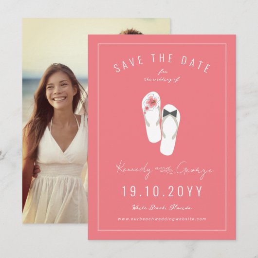Mr & Mrs Teenslippers Hibiscus Beach Wedding Photo Save The Date (Voorkant / Achterkant)