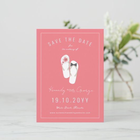 Mr & Mrs Teenslippers Hibiscus Beach Wedding Photo Save The Date (Staand voorkant)