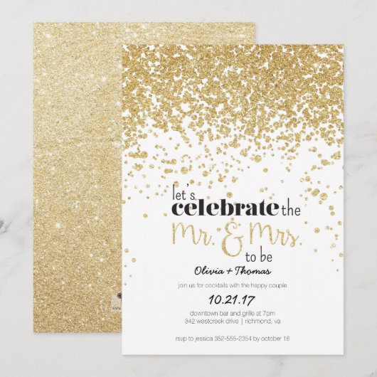 Mr & Mrs. to be Gold Glitter Verloving Uitnodigen Kaart (Voorkant / Achterkant)