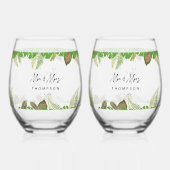 Mr & Mrs Tropical Leaves Script Huwelijkscadeau Wijnglas Zonder Voet (Achterkant)