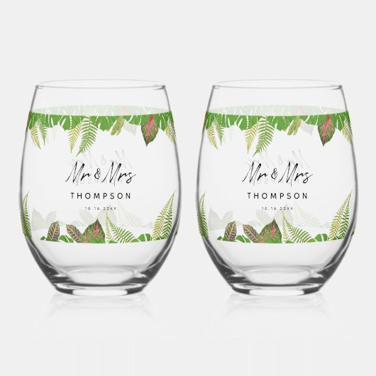 Mr & Mrs Tropical Leaves Script Huwelijkscadeau Wijnglas Zonder Voet (Achterkant)