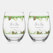 Mr & Mrs Tropical Leaves Script Huwelijkscadeau Wijnglas Zonder Voet (Voorkant)