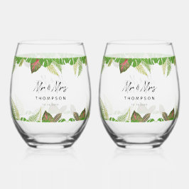 Mr & Mrs Tropical Leaves Script Huwelijkscadeau Wijnglas Zonder Voet