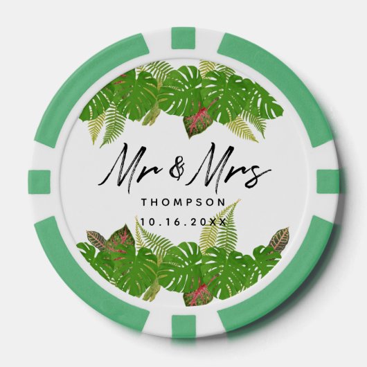 Mr & Mrs Tropical Leaves Script Trouwplezier Poker Chips (Voorkant)