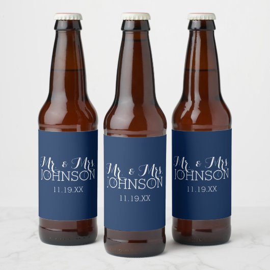 Mr & Mrs Trouwgunst - Minimalistische Blauwe Bier Etiket (Flessen)