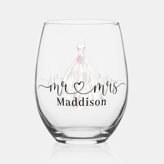 Mr❤️Mrs Trouwjurk Roze Boeket Wijnglas Zonder Voet (Voorkant)