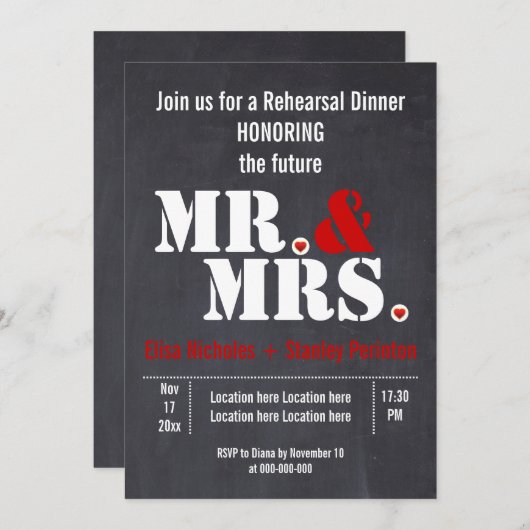 Mr & Mrs typografie bruiloft hersal diner Kaart (Voorkant / Achterkant)
