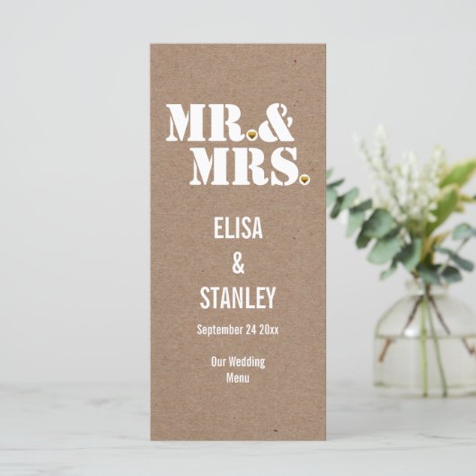 Mr & Mrs typografie kraft papieren trouwmenu Menu (Staand voorkant)