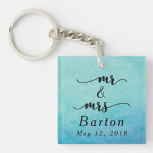 Mr & Mrs Typography Blauwgroen & Blue Mandala Wedd Sleutelhanger