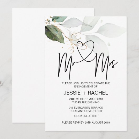 Mr & Mrs Verloving Gold Eucalyptus verloofd Kaart (Voorkant / Achterkant)