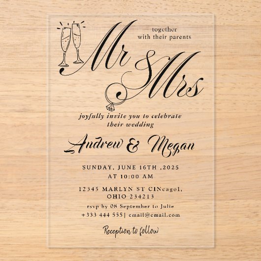 MR & Mrs Wedding Acryl Uitnodigingen (Voorkant)