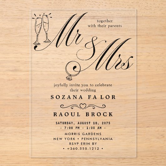 Mr & Mrs Wedding Acryl Uitnodigingen (Voorkant)