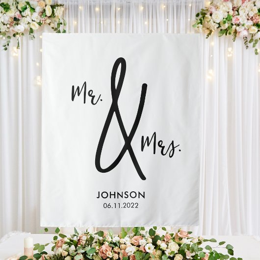 Mr. & Mrs Wedding Backdrop Aangepaste achternaam D Wandkleed