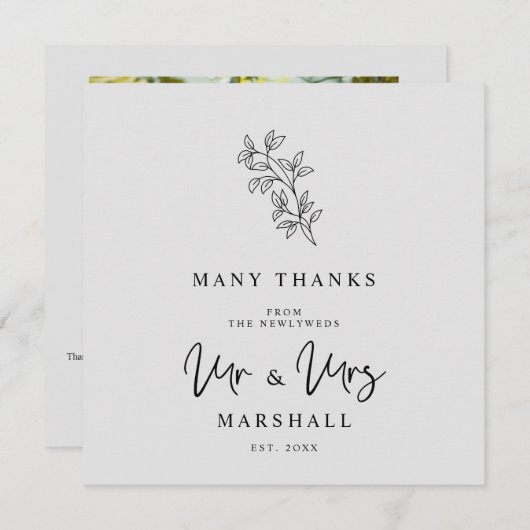 MR & MRS Wedding Black Fancy Minimalist Branches  Bedankkaart (Voorkant / Achterkant)