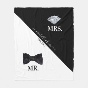 Mr. & Mrs Wedding Black & White Fleece Deken