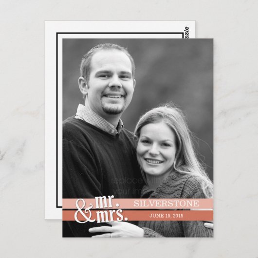 Mr & Mrs Wedding Dank u kaart - Peach (Voorkant / Achterkant)