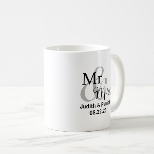 Mr & Mrs Wedding Date met Bride & Groom Names Koffiemok (Voorkant rechts)