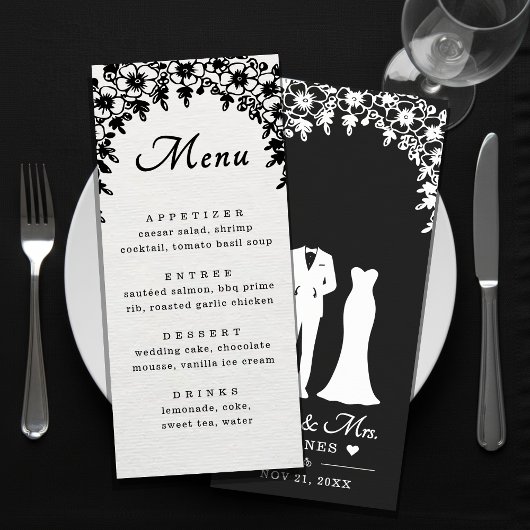 Mr & Mrs Wedding Dress Tuxedo Floral Arch Menu