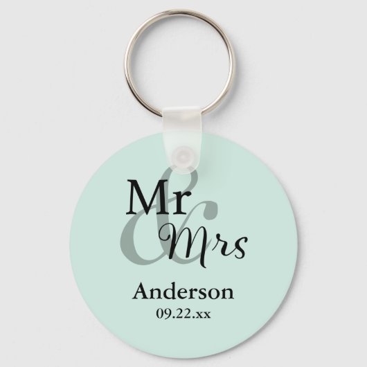 Mr & Mrs Wedding Favor Keyring Name/Date (Munt) Sleutelhanger (Voorkant)