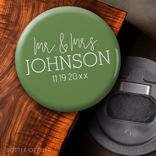 Mr & Mrs Wedding Favor - Sage Green Button Flesopener