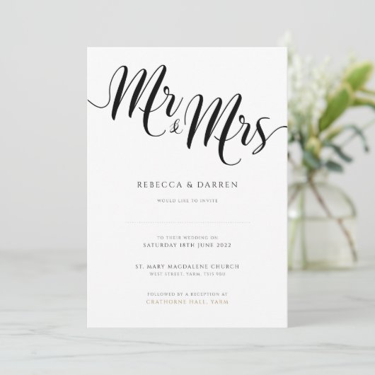 Mr & Mrs Wedding Invitation Black & White Kaart (Staand voorkant)