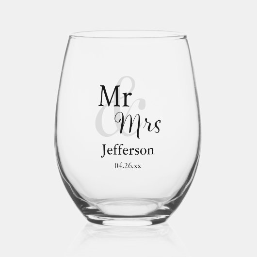 Mr & Mrs Wedding met naam en datum Wijnglas Zonder Voet (Achterkant)