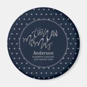 Mr & Mrs Wedding Navy Blue Silver Love Hearts Magneet