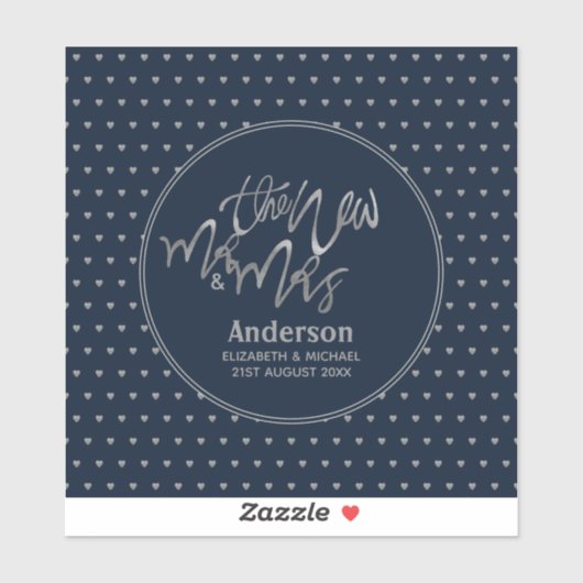 Mr & Mrs Wedding Navy Blue Silver Love Hearts Sticker (Vel)