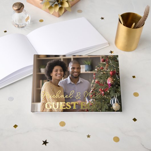 Mr & Mrs Wedding Photo Elegant Script Goud Gastenboek (Voorkant open)