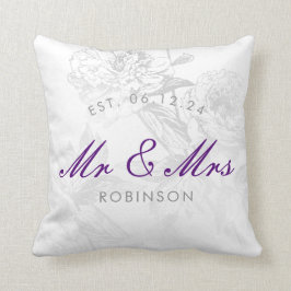 Mr & Mrs Wedding Simple Floral Silver Paars Kussen