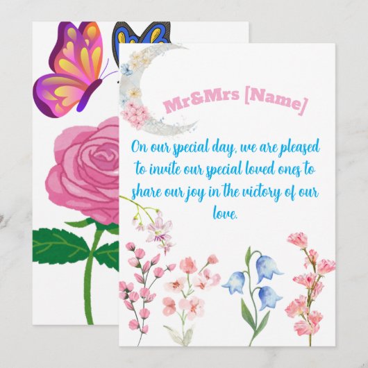 Mr & Mrs Wedding Uitnodiging met Floral & Butterfl (Voorkant / Achterkant)