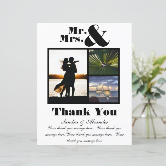 Mr Mrs White Black Dank u Kaart Foto bruiloft (Staand voorkant)