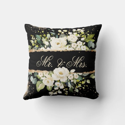 Mr & Mrs White Gold Botanical Floral Black Rustic Kussen (Achterkant)