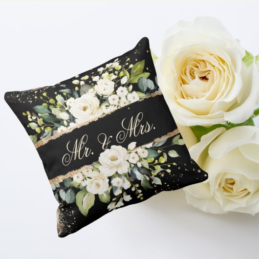 Mr & Mrs White Gold Botanical Floral Black Rustic Kussen